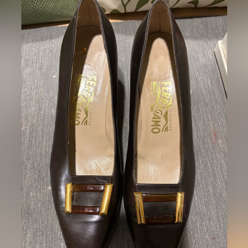 Vintage Salvatore Ferragamo Dark Brown Leather Heels with Buckle
